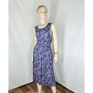 Vtg 90s Erika Midi Dress Button Side Large Purple Floral Garden Fairy Sleeveless